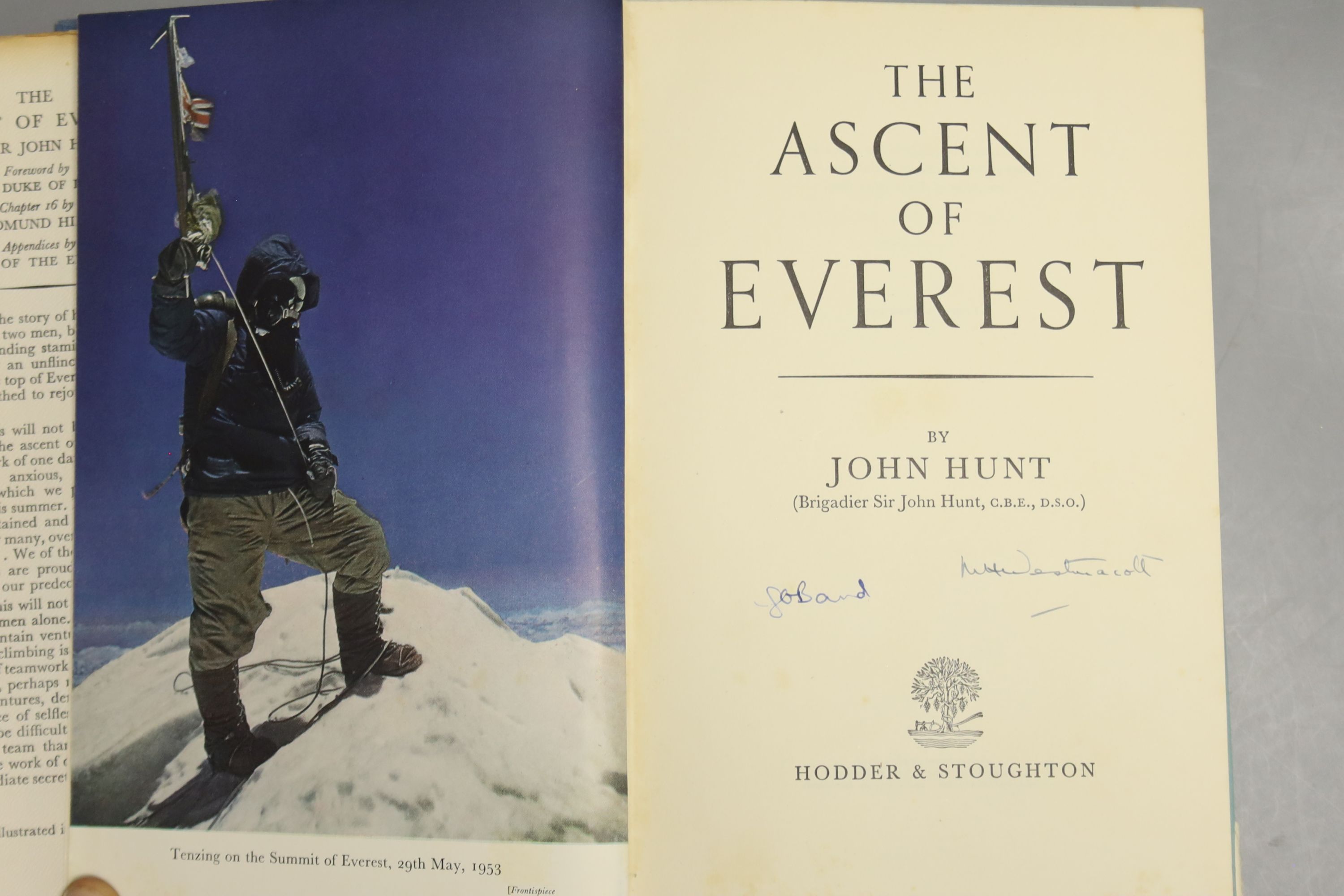 Hunt, John – The Accent Of Everest, first edition, hardback, 8vo, signed by George Band and Mike Westmacott, [two of the mountaineers with Edmund Hillary in the successful expedition] (dj present, some scuffing, small te